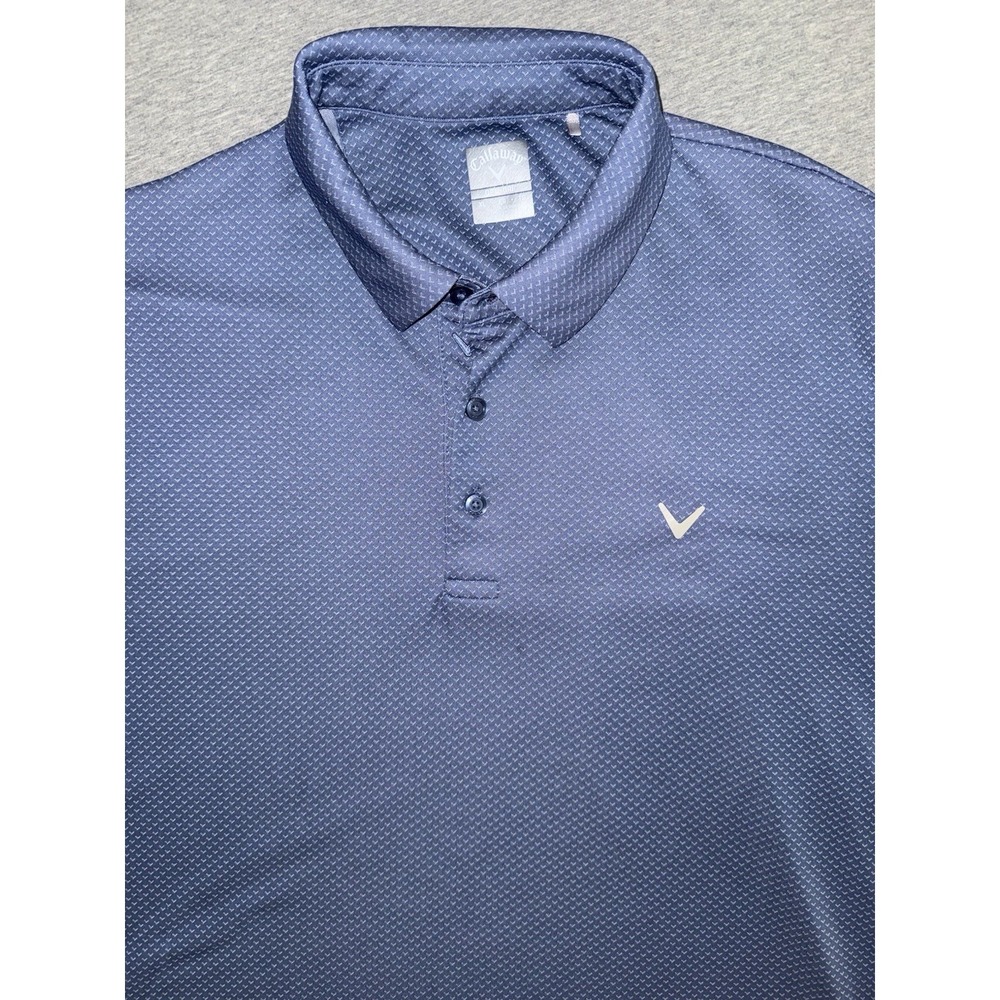 Callaway Men Opti-Dri Steel Blue Stretch Performance Golf Shirt Geometric AOP XL